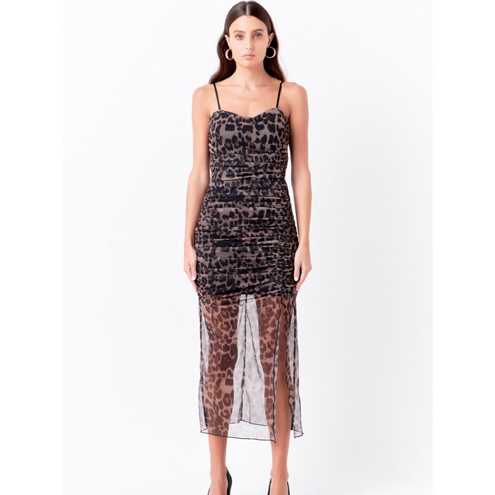Endless Rose Women's Ruched Mesh Asymmetrical Midi Dress
